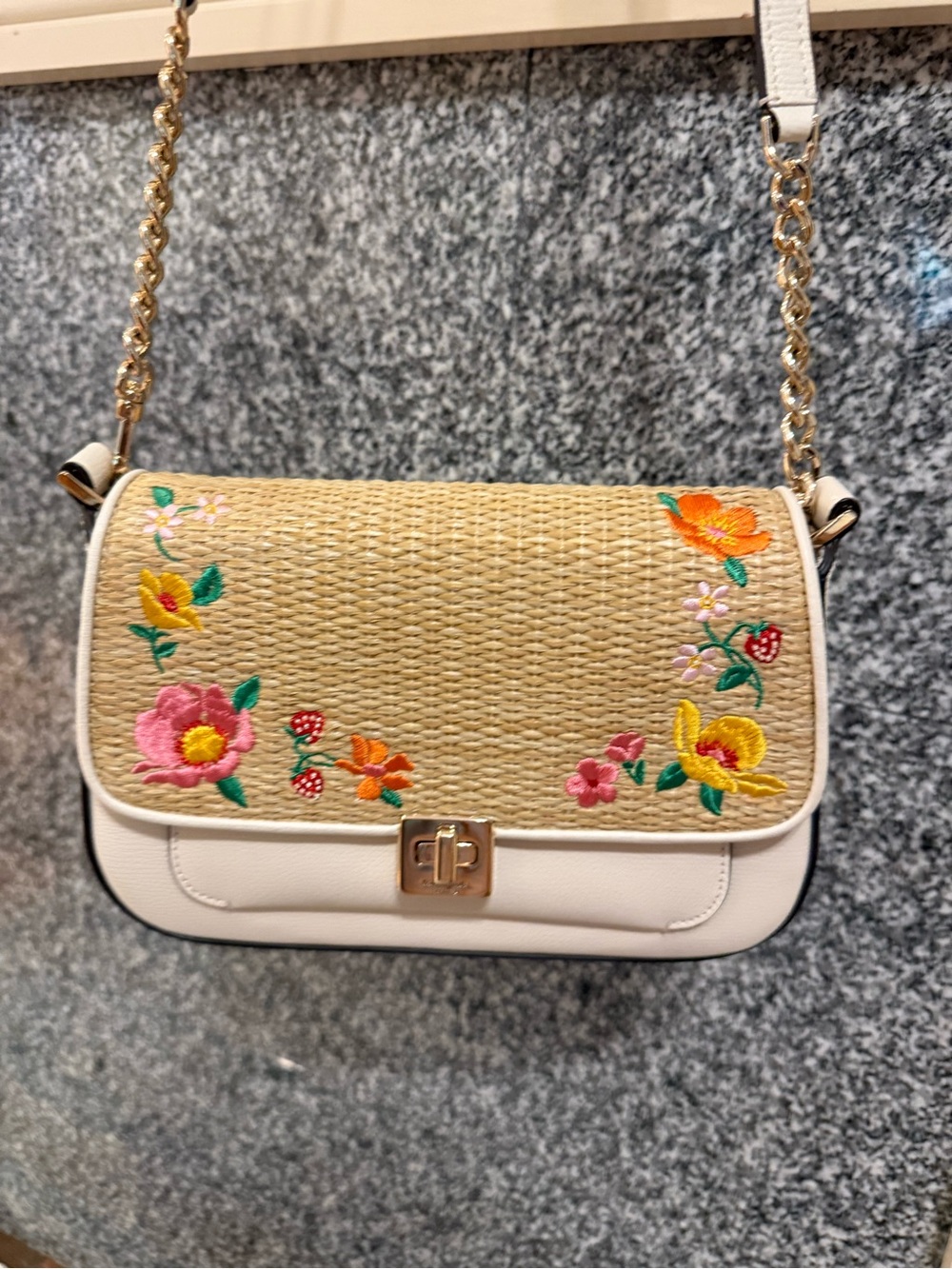 Woven Straw Crossbody Bag with White Trim and Floral Embroidery